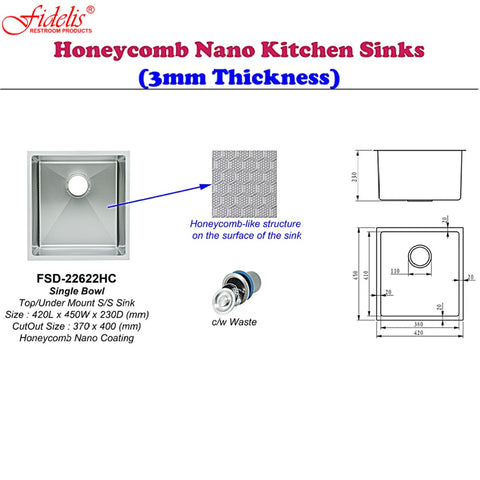 FIDELIS Honeycomb Nano Single Bowl Kitchen Sink L420/L600/L680/L760