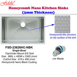 FIDELIS Gun Metal Honeycomb Nano Single Bowl Kitchen Sink L420/L600/L680/L760